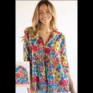 Natural Life Womens Tunic Size L/XL Boho Floral Red Blue 100% Cotton 3/4 Sleeve